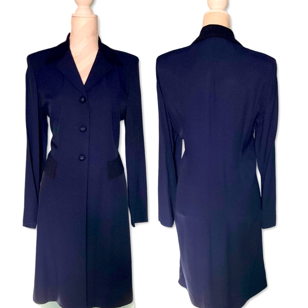 Quadra Vintage Long Navy Blue Duster Blazer.